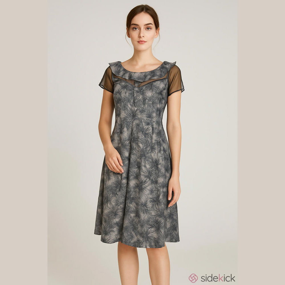 ModCloth Myrtlewood of California Feather Dress Grey Retro A-Line